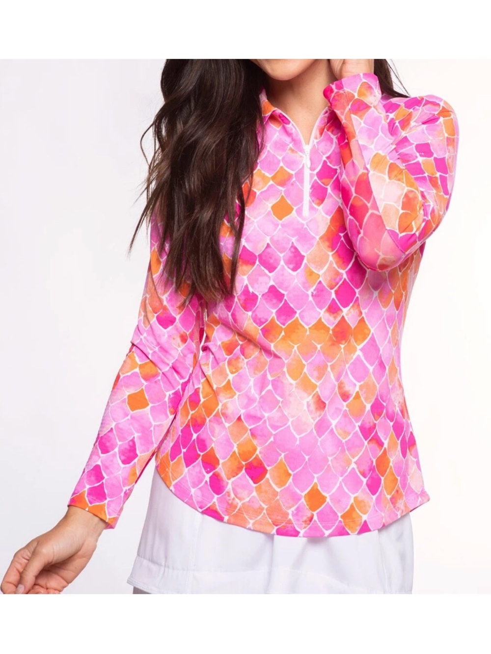 Ike Behar Pink & Orange Scallop Zip Polo S